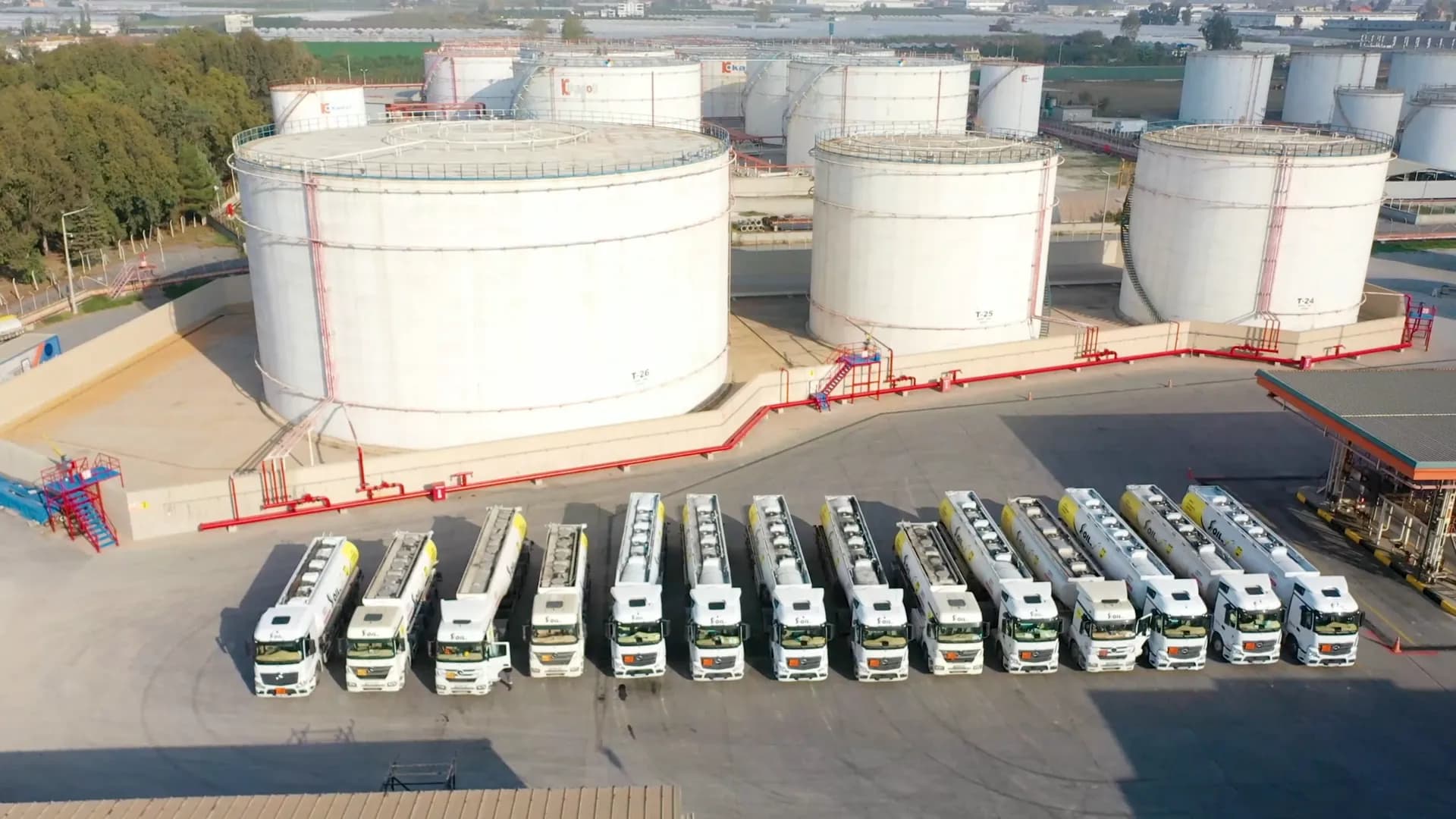 Aerial view of the Soil terminal and its tanker fleet